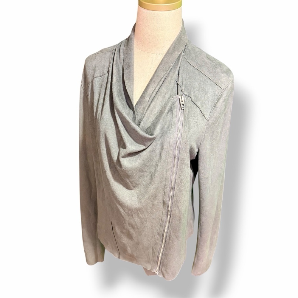 BlankNYC Gray Vegan Suede Draped Front Asymmetric Zip Up Moto Jacket Size Large